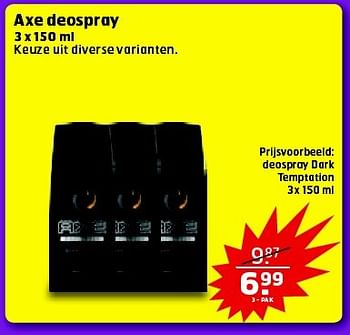 Aanbiedingen Axe deospray deospray dark temptation - Axe - Geldig van 26/04/2016 tot 01/05/2016 bij Trekpleister