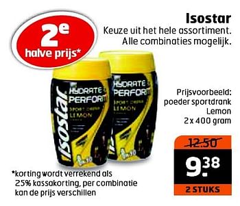 Aanbiedingen Isostar poeder sportdrank lemon - Isostar - Geldig van 26/04/2016 tot 01/05/2016 bij Trekpleister