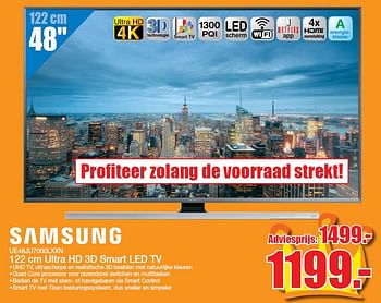 Aanbiedingen Samsung ultra hd 3d smart led tv ue48ju7000lxxn - Samsung - Geldig van 25/04/2016 tot 01/05/2016 bij Scheer & Foppen