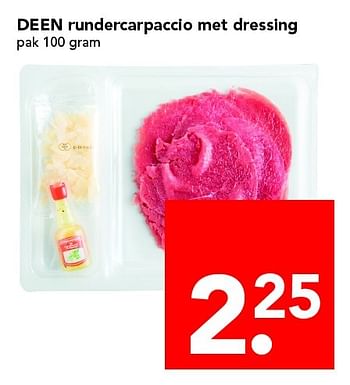 Aanbiedingen Deen rundercarpaccio met dressing - Huismerk deen supermarkt - Geldig van 01/05/2016 tot 07/05/2016 bij Deen Supermarkten