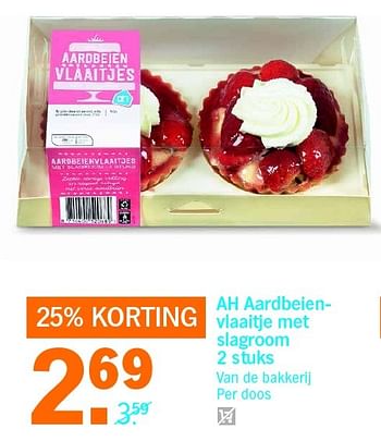 Aanbiedingen Ah aardbeienvlaaitje met slagroom - Huismerk - Albert Heijn - Geldig van 02/05/2016 tot 08/05/2016 bij Albert Heijn