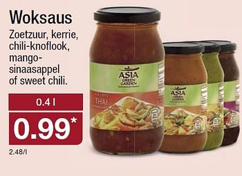 Aanbiedingen Woksaus zoetzuur, kerrie, chili-knofl ook, mangosinaasappel of sweet chili - Asia Green Garden - Geldig van 04/05/2016 tot 10/05/2016 bij Aldi