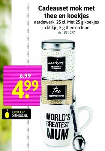 Aanbiedingen Cadeauset mok met thee en koekjes - Huismerk - Xenos - Geldig van 30/04/2016 tot 13/05/2016 bij Xenos