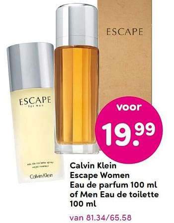 Aanbiedingen Calvin klein escape women eau de parfum 100 ml of men eau de toilette - Calvin Klein - Geldig van 02/05/2016 tot 13/05/2016 bij da