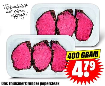 Aanbiedingen Ons thuismerk runder pepersteak - Huismerk - Dirk - Geldig van 08/05/2016 tot 14/05/2016 bij Lekker Doen
