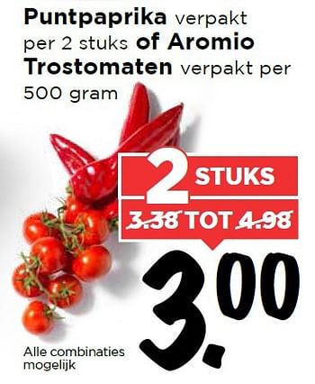 Aanbiedingen Puntpaprika of aromio trostomaten - Huismerk Vomar - Geldig van 08/05/2016 tot 14/05/2016 bij Vomar