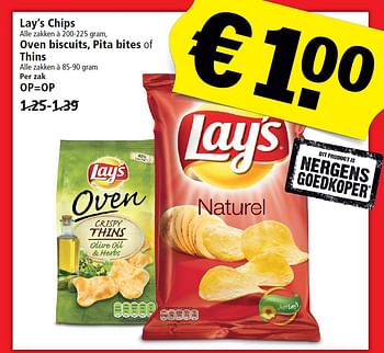 Aanbiedingen Lay`s chips oven biscuits, pita bites of thins - Lay's - Geldig van 08/05/2016 tot 14/05/2016 bij Plus