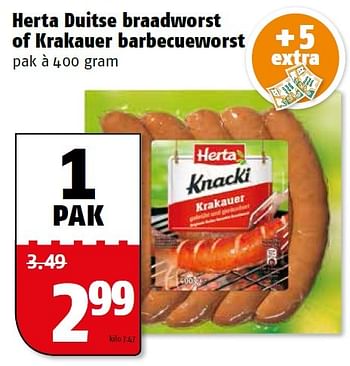 Aanbiedingen Herta duitse braadworst of krakauer barbecueworst - Herta - Geldig van 09/05/2016 tot 15/05/2016 bij Poiesz
