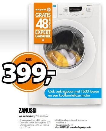 Aanbiedingen Zanussi wasmachine zwf8147nw - Zanussi - Geldig van 09/05/2016 tot 15/05/2016 bij Expert