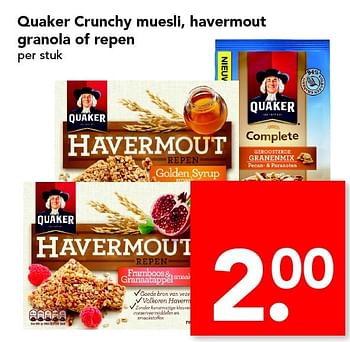 Aanbiedingen Quaker crunchy muesli, havermout granola of repen - Quaker - Geldig van 15/05/2016 tot 21/05/2016 bij Deen Supermarkten