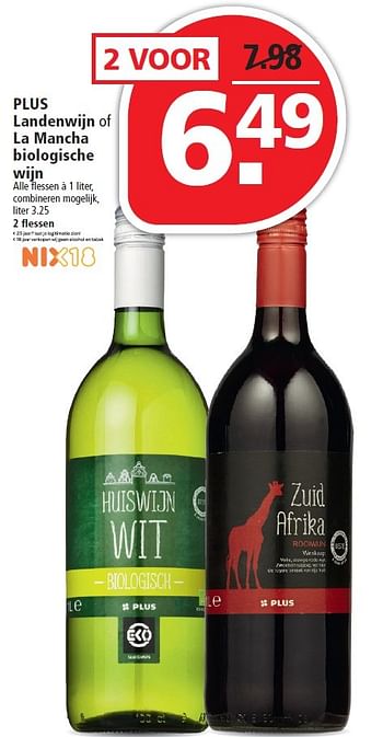 Aanbiedingen Plus landenwijn of la mancha biologische wijn - Witte wijnen - Geldig van 15/05/2016 tot 21/05/2016 bij Plus