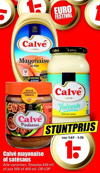 Aanbiedingen Calvé mayonaise of satésaus - Calve - Geldig van 15/05/2016 tot 21/05/2016 bij Lekker Doen