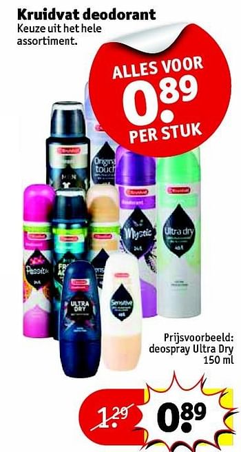Aanbiedingen Kruidvat deodorant deospray ultra dry - Huismerk - Kruidvat - Geldig van 11/05/2016 tot 22/05/2016 bij Kruidvat
