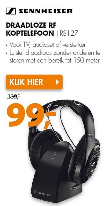 Aanbiedingen Sennheiser draadloze rf koptelefoon rs127 - Sennheiser  - Geldig van 16/05/2016 tot 22/05/2016 bij Expert