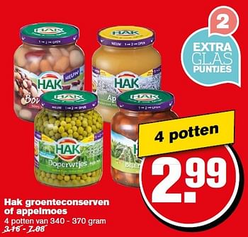Aanbiedingen Hak groenteconserven of appelmoes - Hak - Geldig van 18/05/2016 tot 24/05/2016 bij Hoogvliet