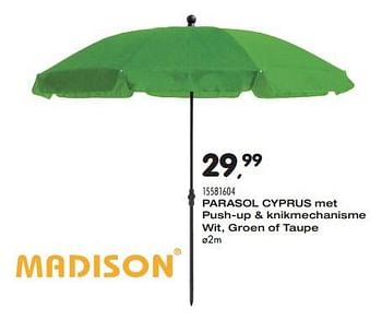 Aanbiedingen Parasol cyprus met push-up + knikmechanisme wit, groen of taupe - Madison - Geldig van 24/05/2016 tot 21/06/2016 bij Supra Bazar