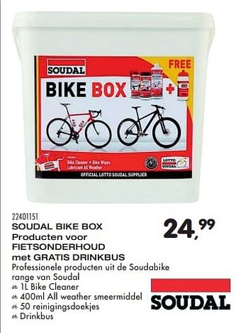 Aanbiedingen Soudal bike box producten voor fietsonderhoud met gratis drinkbus - Soudal - Geldig van 24/05/2016 tot 21/06/2016 bij Supra Bazar