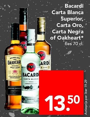 Aanbiedingen Bacardi carta blanca superior, carta oro, carta negra of oakheart - Bacardi - Geldig van 12/06/2016 tot 18/06/2016 bij Deen Supermarkten