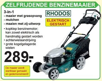Aanbiedingen Rhodos zelfrijdende benzinemaaier 3-in-1 - Rhodos - Geldig van 20/06/2016 tot 10/07/2016 bij Van Cranenbroek