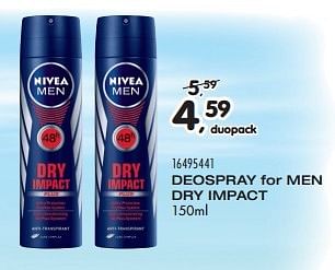 Aanbiedingen Deospray for men dry impact - Nivea - Geldig van 21/06/2016 tot 27/07/2016 bij Supra Bazar