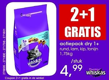 Aanbiedingen Actiepack dry 1+ rund, lam, kip, tonijn - Whiskas - Geldig van 26/06/2016 tot 06/08/2016 bij Multi Bazar