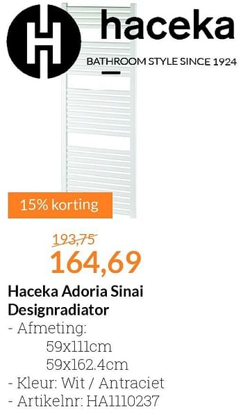 Aanbiedingen Haceka adoria sinai designradiator - Haceka - Geldig van 01/07/2016 tot 31/07/2016 bij Sanitairwinkel