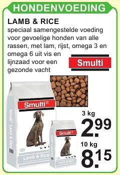 Aanbiedingen Hondenvoeding lamb + rice - Smulti - Geldig van 18/07/2016 tot 07/08/2016 bij Van Cranenbroek