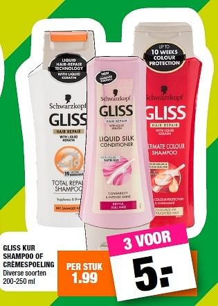 Aanbiedingen Gliss kur shampoo of crèmespoeling - Gliss Kur - Geldig van 01/08/2016 tot 14/08/2016 bij Big Bazar