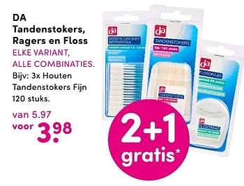 Aanbiedingen 3x houten tandenstokers fijn - Huismerk - da - Geldig van 01/08/2016 tot 14/08/2016 bij da