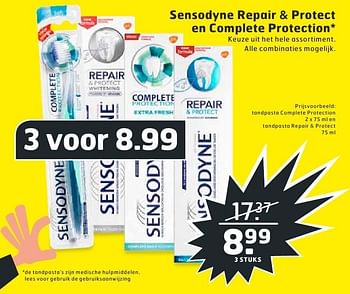 Aanbiedingen Tandpasta complete protection en tandpasta repair + protect - Sensodyne - Geldig van 02/08/2016 tot 14/08/2016 bij Trekpleister