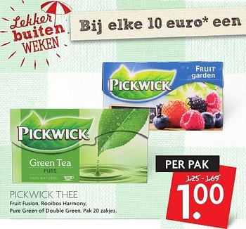 Aanbiedingen Pickwick thee fruit fusion, rooibos harmony, pure green of double green - Pickwick - Geldig van 07/08/2016 tot 13/08/2016 bij Deka Markt