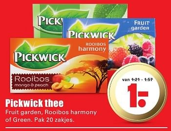 Aanbiedingen Pickwick thee fruit garden, rooibos harmony of green - Pickwick - Geldig van 07/08/2016 tot 13/08/2016 bij Lekker Doen