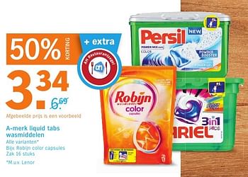 Aanbiedingen A-merk liquid tabs wasmiddelen, robijn color capsules - Robijn - Geldig van 08/08/2016 tot 14/08/2016 bij Albert Heijn