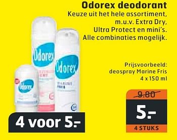Aanbiedingen Odorex deodorant deospray marine fris - Odorex - Geldig van 09/08/2016 tot 14/08/2016 bij Trekpleister