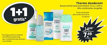 Aanbiedingen Therme deodorant deocrème sensitive - Therme - Geldig van 09/08/2016 tot 14/08/2016 bij Trekpleister