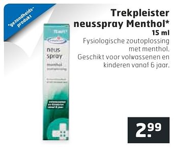 Aanbiedingen Trekpleister neusspray menthol - Huismerk - Trekpleister - Geldig van 09/08/2016 tot 14/08/2016 bij Trekpleister