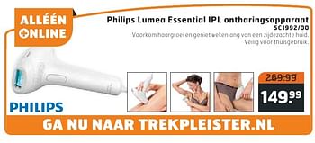 Aanbiedingen Philips lumea essential ipl ontharingsapparaat sc1992-00 - Philips - Geldig van 09/08/2016 tot 14/08/2016 bij Trekpleister