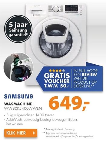 Aanbiedingen Samsung wasmachine ww80k5400wwen - Samsung - Geldig van 08/08/2016 tot 14/08/2016 bij Expert