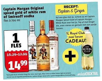 Aanbiedingen Captain morgan original spiced gold of white rum of smirnoff vodka - Captain Morgan - Geldig van 08/08/2016 tot 14/08/2016 bij Poiesz