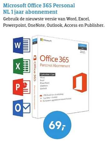 Aanbiedingen Microsoft office 365 personal nl 1 jaar abonnement - Microsoft - Geldig van 01/08/2016 tot 31/08/2016 bij Coolblue
