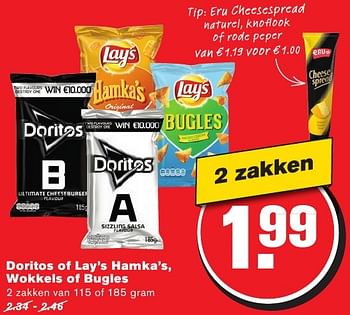 Aanbiedingen Doritos of lay`s hamka`s, wokkels of bugles - Doritos - Geldig van 10/08/2016 tot 16/08/2016 bij Hoogvliet