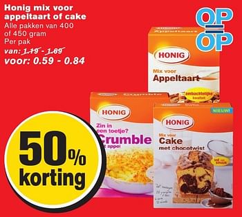 Aanbiedingen Honig mix voor appeltaart of cake - Honig - Geldig van 10/08/2016 tot 16/08/2016 bij Hoogvliet