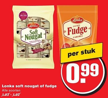 Aanbiedingen Lonka soft nougat of fudge - Lonka - Geldig van 10/08/2016 tot 16/08/2016 bij Hoogvliet