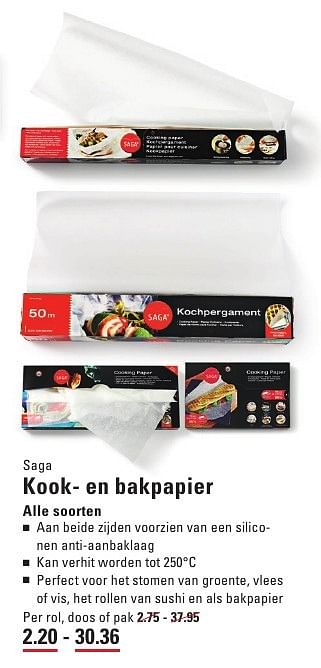 Aanbiedingen Kook- en bakpapier - Saga - Geldig van 04/08/2016 tot 22/08/2016 bij Sligro