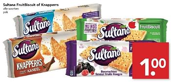 Aanbiedingen Sultana fruitbiscuit of knapperrs - Sultana - Geldig van 14/08/2016 tot 20/08/2016 bij Deen Supermarkten