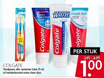 Aanbiedingen Colgate tandpasta, alle varianten tube of tandenborstel extra clean duo - Colgate - Geldig van 14/08/2016 tot 20/08/2016 bij Deka Markt