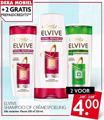 Aanbiedingen Elvive shampoo of crèmespoeling - L'Oreal Paris - Geldig van 14/08/2016 tot 20/08/2016 bij Deka Markt