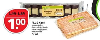 Aanbiedingen Plus koek lemon cakejes, chocobolletjes biscuits, crème mergpijpjes of sneeuwwafels - Huismerk - Plus - Geldig van 14/08/2016 tot 20/08/2016 bij Plus