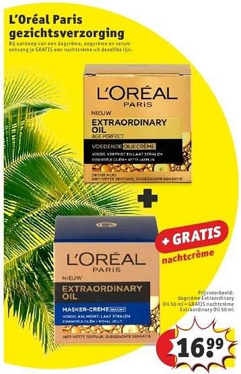 Aanbiedingen Dagcrème extraordinary oil + gratis nachtcrème extraordinary oil - L'Oreal Paris - Geldig van 09/08/2016 tot 21/08/2016 bij Kruidvat