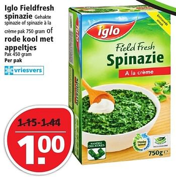 Aanbiedingen Iglo fieldfresh spinazie of rode kool met appeltjes - Iglo - Geldig van 14/08/2016 tot 20/08/2016 bij Plus